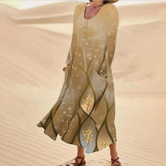 Pisexur Women's Fall Maxi Dress Boho Flowy Long Sleeve Square Neck Floral Midi Dress Smocked Spring Fall Wedding Guest Dresses
