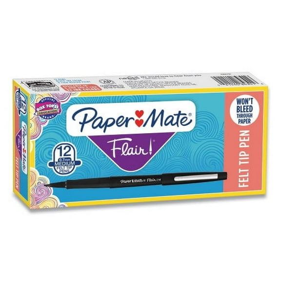 Paper Mate Point Guard Flair Felt Tip Porous Point Pen, Stick, Medium 0.7 mm, Black Ink, Black Barrel, Dozen