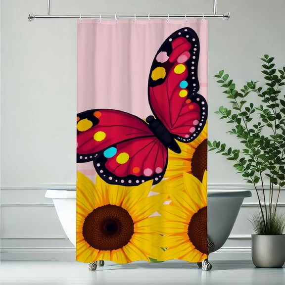 RKSupls Colorful Butterfly on Sunflowers Shower Curtain, Valentine's Day Waterproof Shower Curtain with Hooks for Home Bathtub Bathroom Decor Washable Fabric Curtains,90x180cm