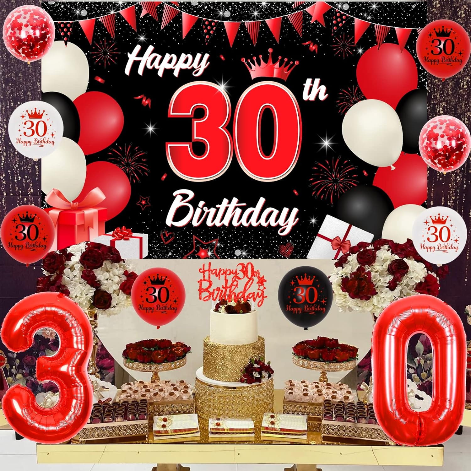Black and red decorations for male and female 30th birthdays, background of 30th birthday cake and 30th balloon