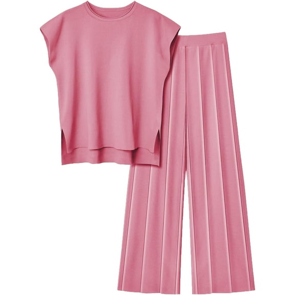 BLVB Women's 2 Piece Outfits Sweater Set Cap Sleeve Knit Pullover Tops High Waisted Pants Sweatsuits Lounge Set
