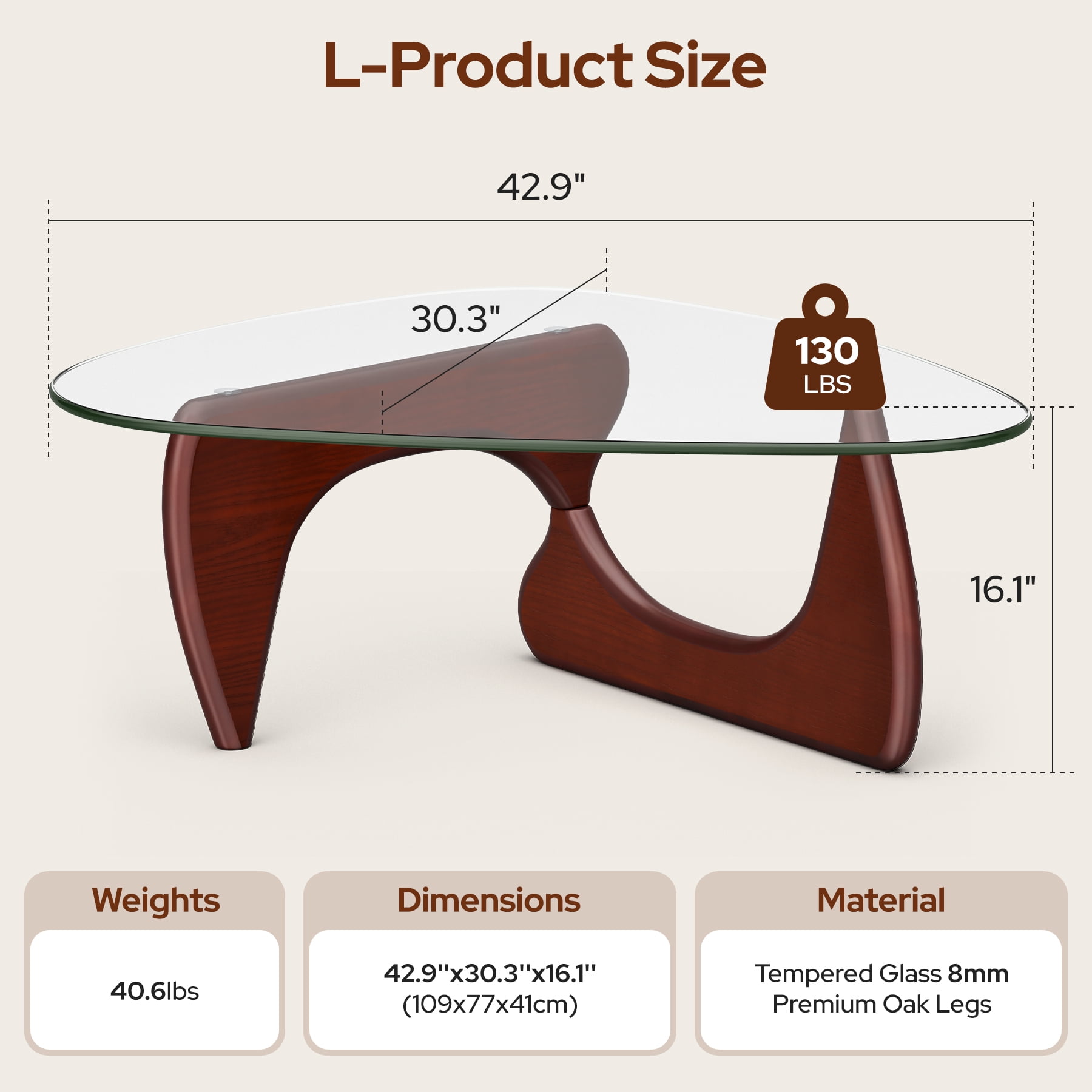Modern Glass Coffee Table, Tempered Glass Top Center Table with Wood Base for Living Room Bedroom Office,  Dark Walnut, 43"