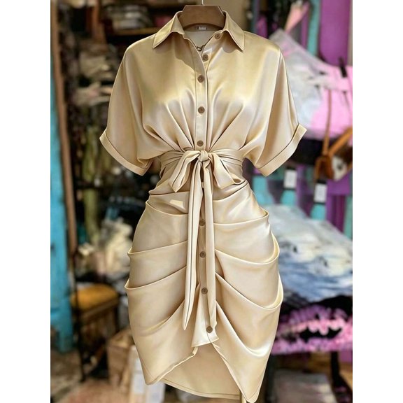 Gold Satin Collared Single-Breasted Tie-Waist Short Sleeve Shirt Dress
