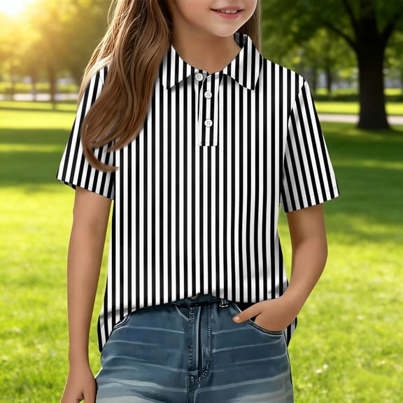 CCRFTGI Cute Tops for Kids Girls Size 7 Striped Shirt Short Sleeve Polo Shirts School Uniform Athletic Sport Lapel Button Collared Polo Summer Tops Black 3-4 Years
