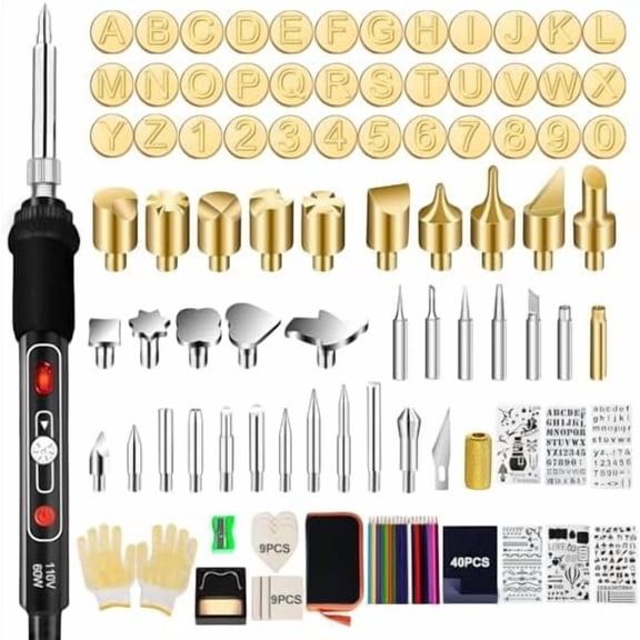 Wood Burning Kit,  Pcs Wood Burner Tool Kit with letters and numbers, Pyrography Pen with Adjustable Temperature Control Various Tips Stencils, Woodworking Leather Embossing Carving Soldering