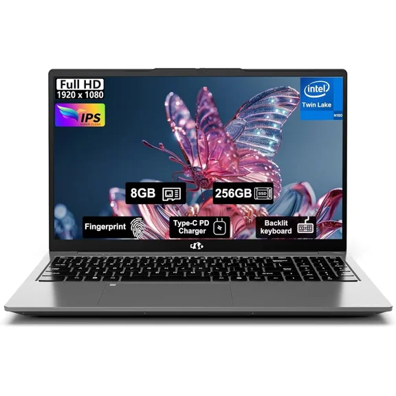 15.6" Student-Laptop, 13th Gen Intel N150,8GB RAM 256GB SSD(Beat to i3-1115G4, Up to 3.6GHz), Backlit Keyboard Fingerprint FHD Computer Wi-Fi 6 BT5.2 65W Type-C