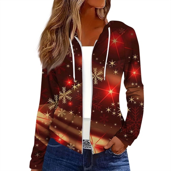 Women's Fashion Christmas Print Casual Zip-Up Long-Sleeve Hooded Jacket, for Outdoor Activities and Daily Use,Gold,XL