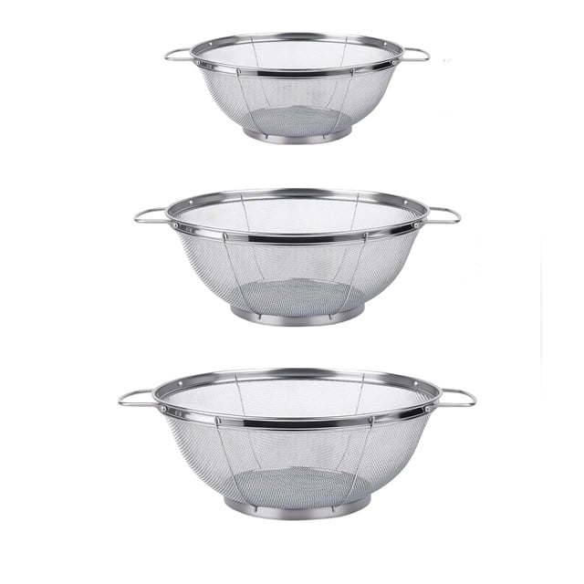 Birdeem Stainless Steel Mesh Strainer Set, 3-Piece Fine Mesh Colander with Handle and Rest Base for Kitchen, Pasta, and Vegetable Rinsing