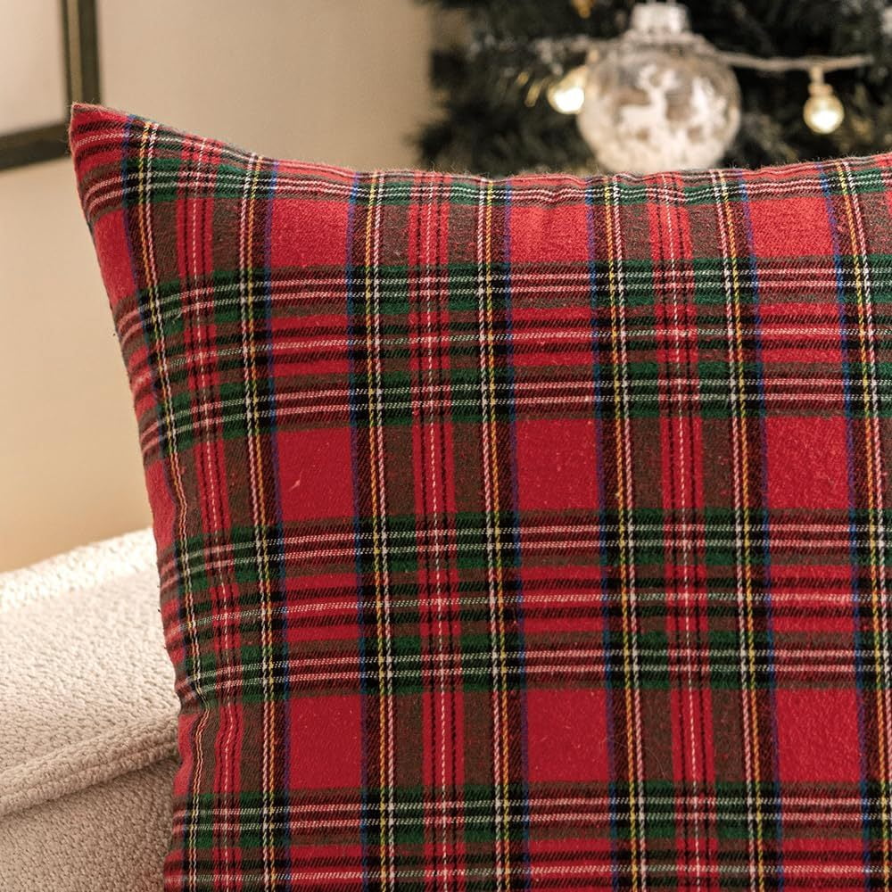 Christmas Pillow Cover 20x20 Set of 4 - Red Tartan Checkered Throw Pillow Cover, Farmhouse Buffalo Plaid Xmas Decorative Cushion Case for Couch Sofa, Christmas Holiday Decor