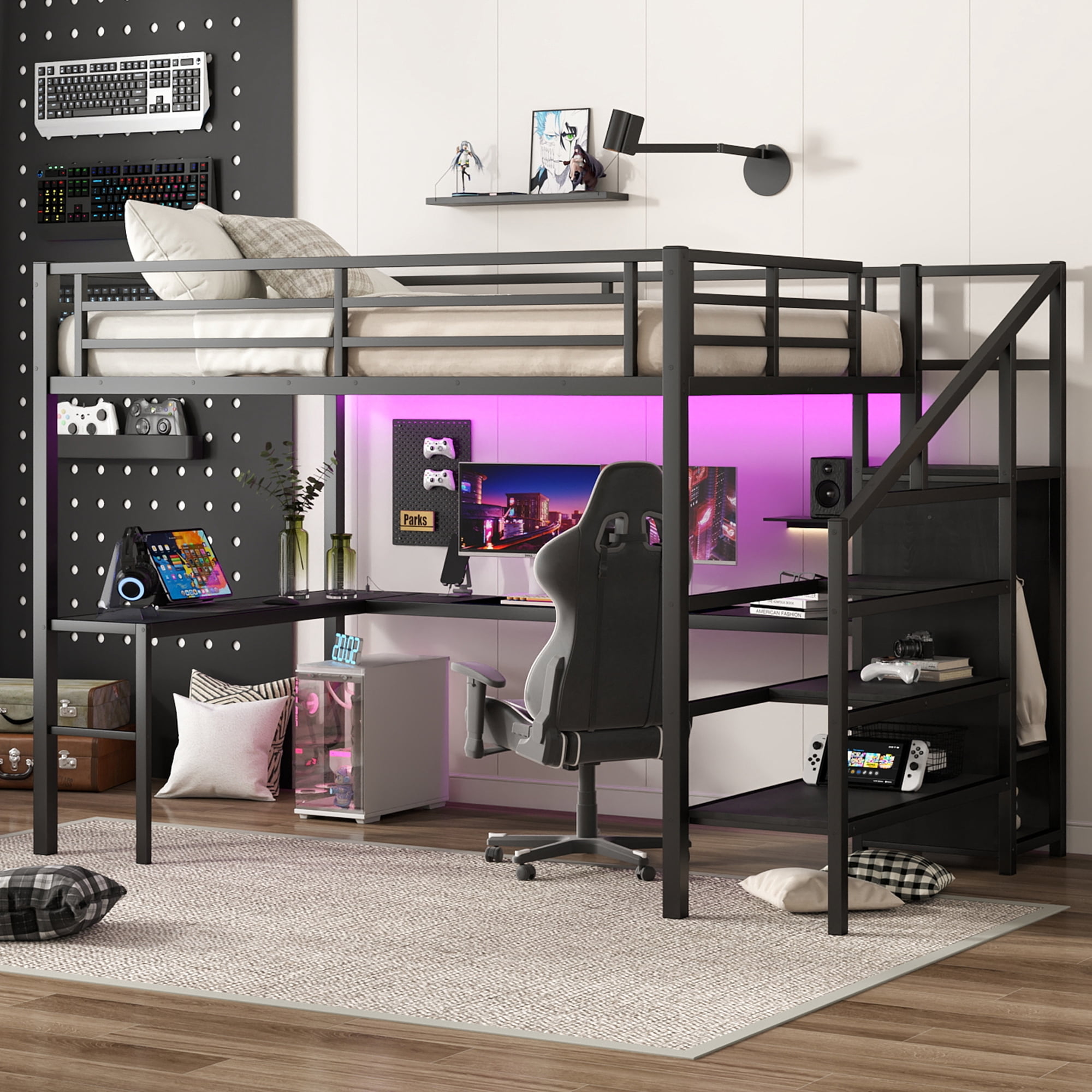 Aukfa Queen Size Loft Bed with L-Shaped Gaming Desk, Wardrobe, USB Ports & RGB Lights, Metal Loft Bed for Kids, Teens & Adults, Black