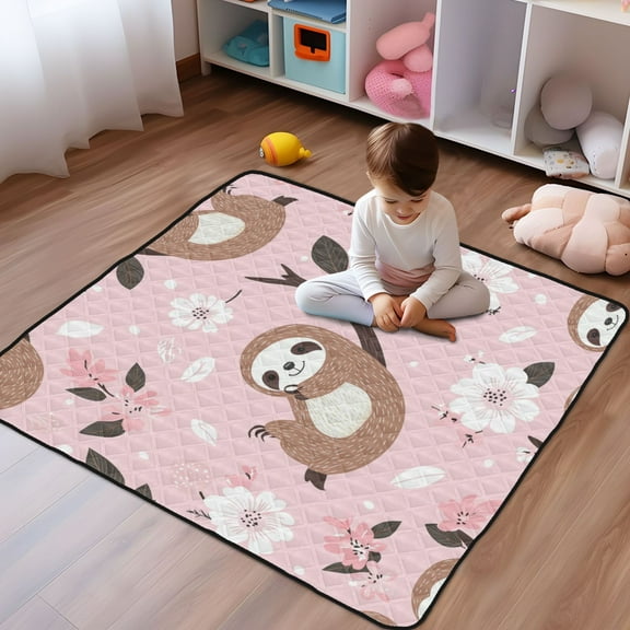 WOBOGO Cute Sloth Pattern with White Floral Accents Baby Playmats Extra Large Waterproof Rollable Activity Pads for Toddlers 50×50inch