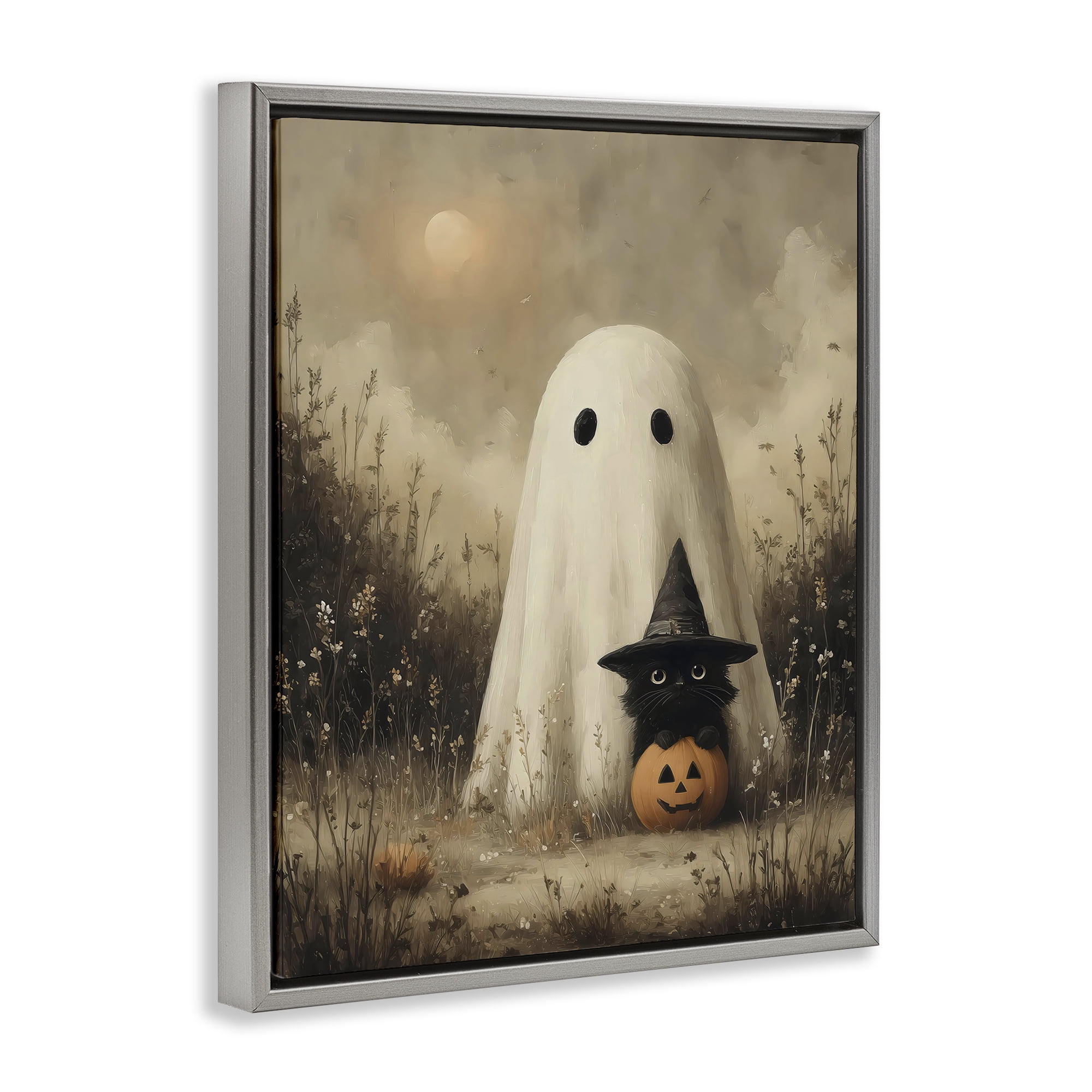 Ghost with Black Kitten Gray Framed Floater Canvas Wall Art, design by Arlington Prints
