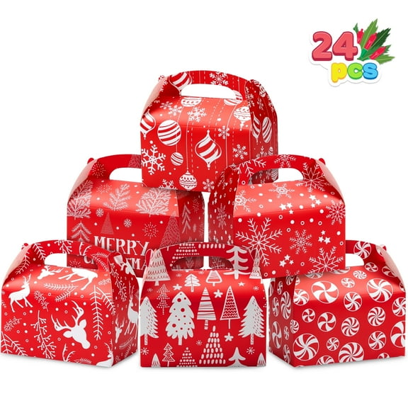 Joyfy 24 Pcs 3D Christmas House Gift Boxes for Holiday Xmas Presents, Goodie Paper Boxes, School Classroom Party Favor Supplies, Candy Treat Cardboard Cookie Wrapping Boxes