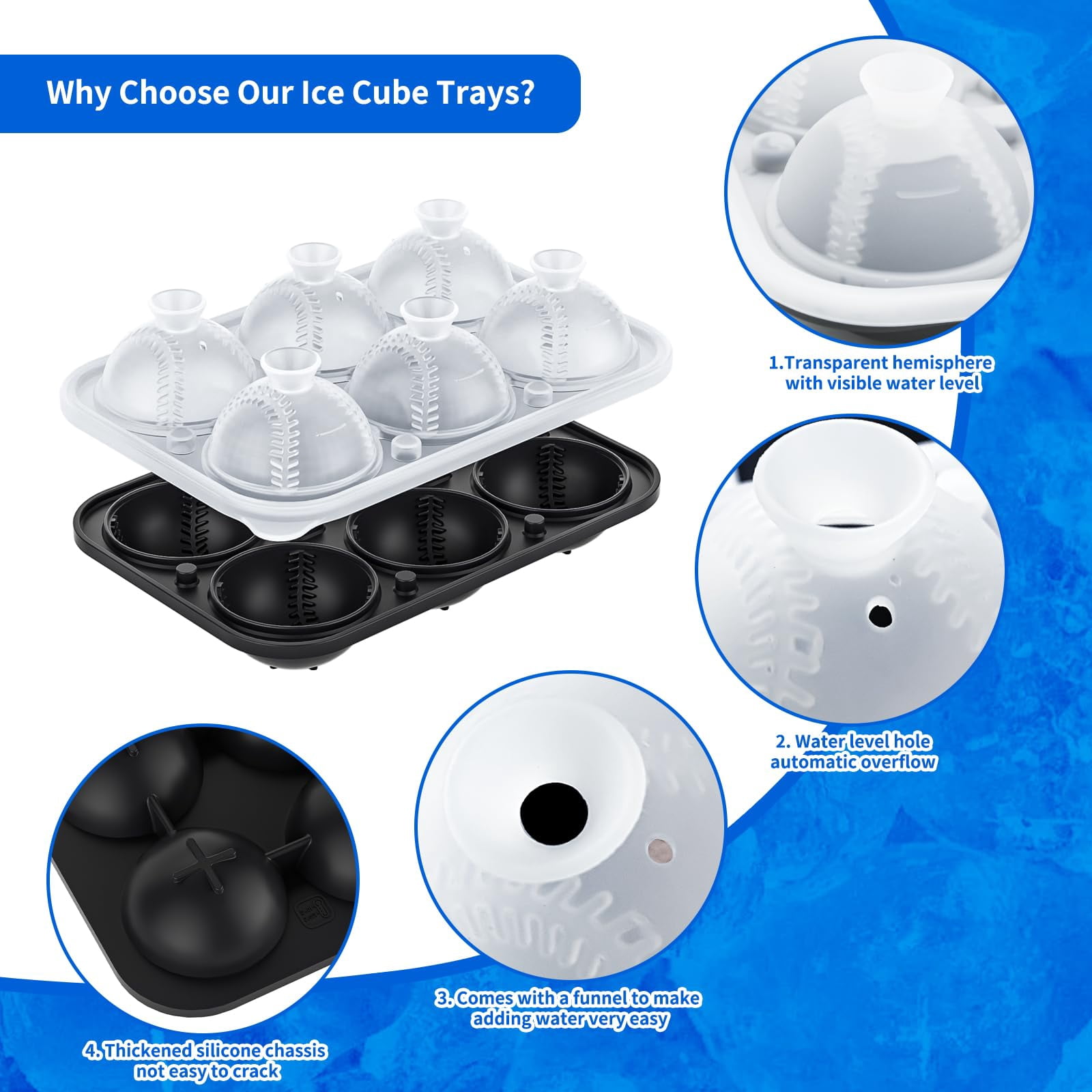 6 Chamber 2.2" 3d Baseball Gifts Ice Cube Tray With Funnel Large Round Ball Maker Mold Silicone Fun Shapes Sphere Molds For Chilling Brandy And Beverages