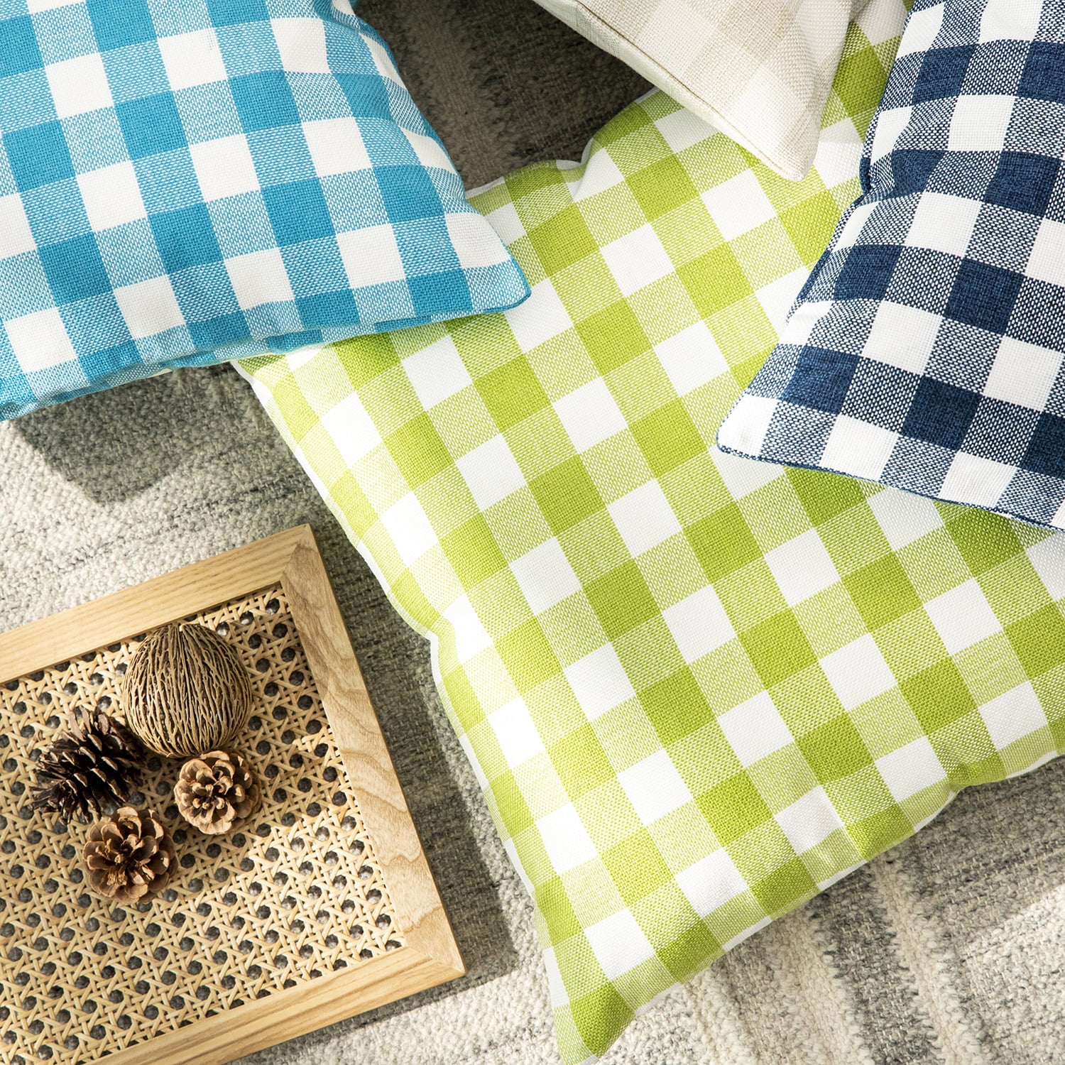 Phantoscope Gingham Checker Plaid Farmhouse Summer Square Decorative Throw Pillow for Couch, 20" x 20", Blue/White, 2 Pack