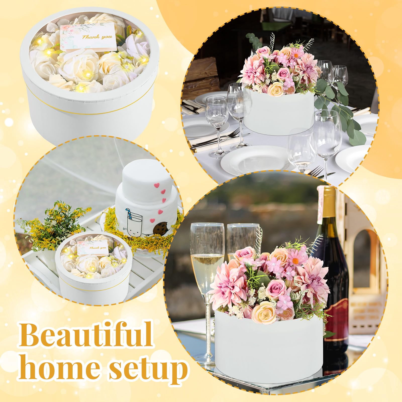 2 Round Gift Boxes With Lids Floral Foam Led Light Thank You Greeting Cards Flower Arrangements Supplies For Valentine Birthday Wedding Bridesmaid Proposal(white)