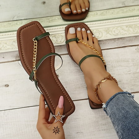 

YOTAMI Women s Shoes Sandals Women Pinch Flat Slippers Chain Comfy Beach Roman Shoes Flip Flop Army Green