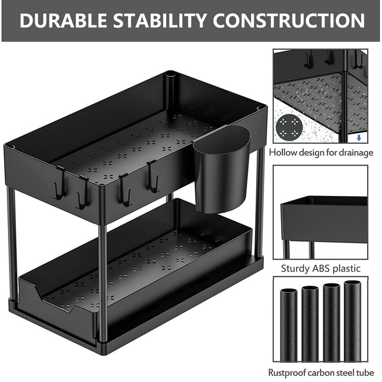 2-Pack Black 2-Tier Under Sink Organizers - Multi-Use Storage Shelves