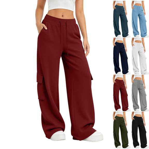 Yijfswar Women's Cargo Sweatpants Drawstring Elastic Waisted Casual Bottoms Athletic Workout Wide-Leg Pants Trousers with Pockets