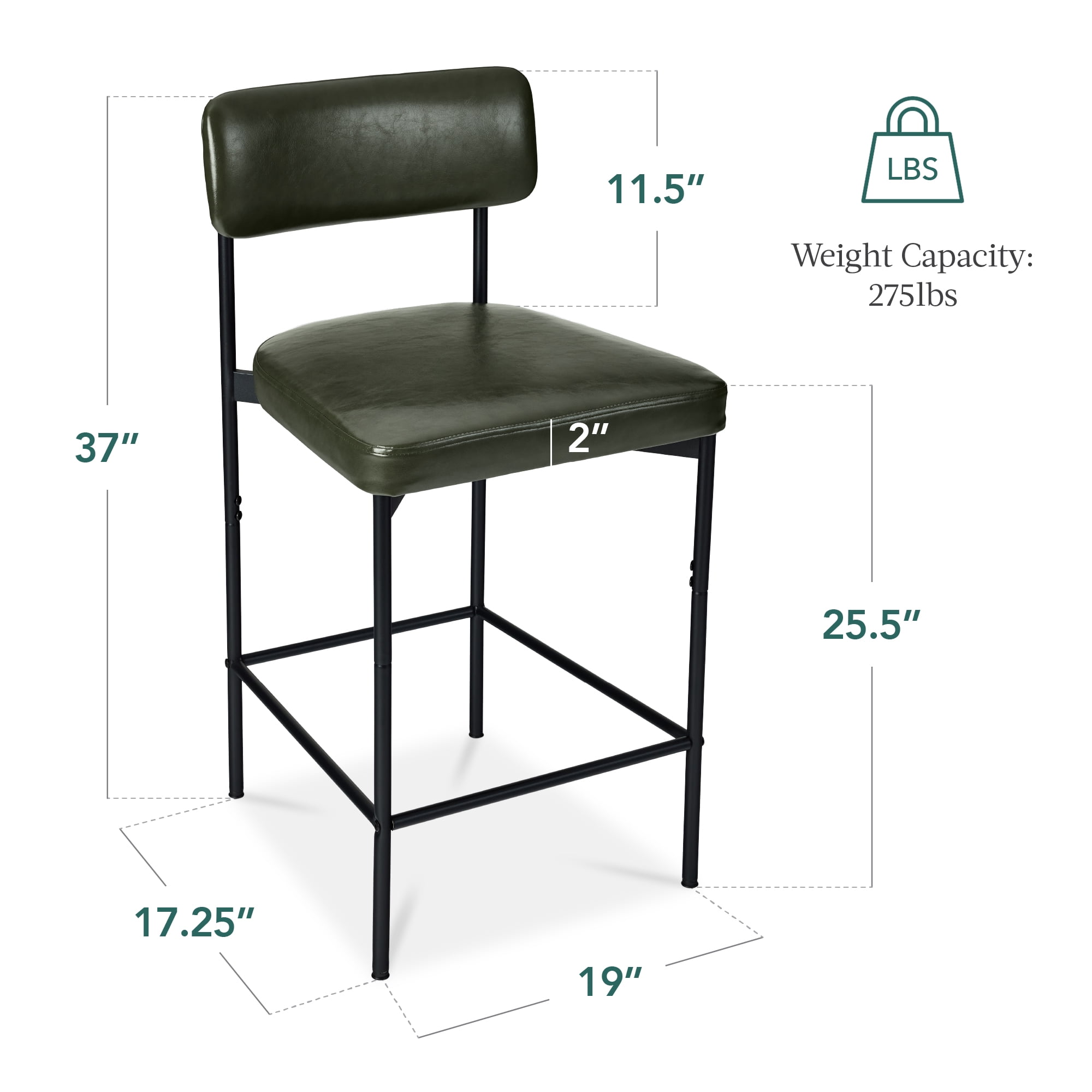 Best Choice Products Set of 3, Armless Counter Height Bar Stools, Modern PU Faux Leather Stools - Moss Green