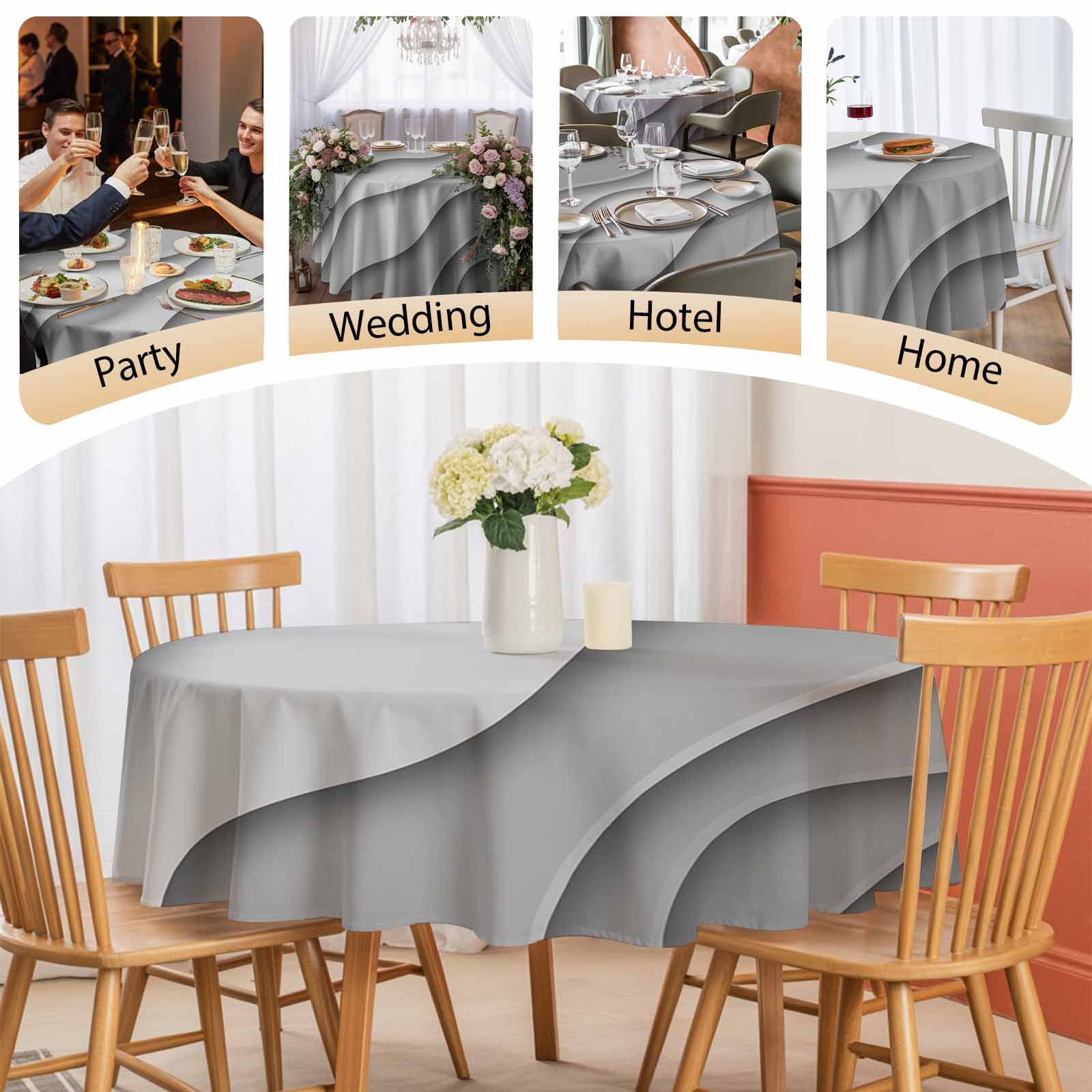 Round Tablecloth Black Gray Beach Coastal Waterproof Oil Proof Polyester Table Cloth Cover Decor for Home Dining Outdoor,Patio,Parties, 60" Dia. Abstract Geometric Ocean Waves