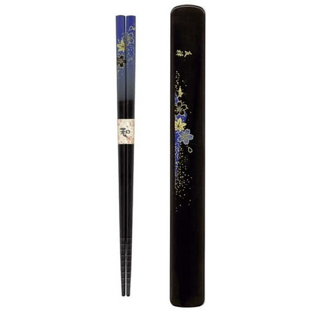 Blue Chopsticks - Chopsticks with Box, Dark Blue, 22.5cm, Lacquered natural wood chopstick with plastic travel case By Tanaka Hashiten