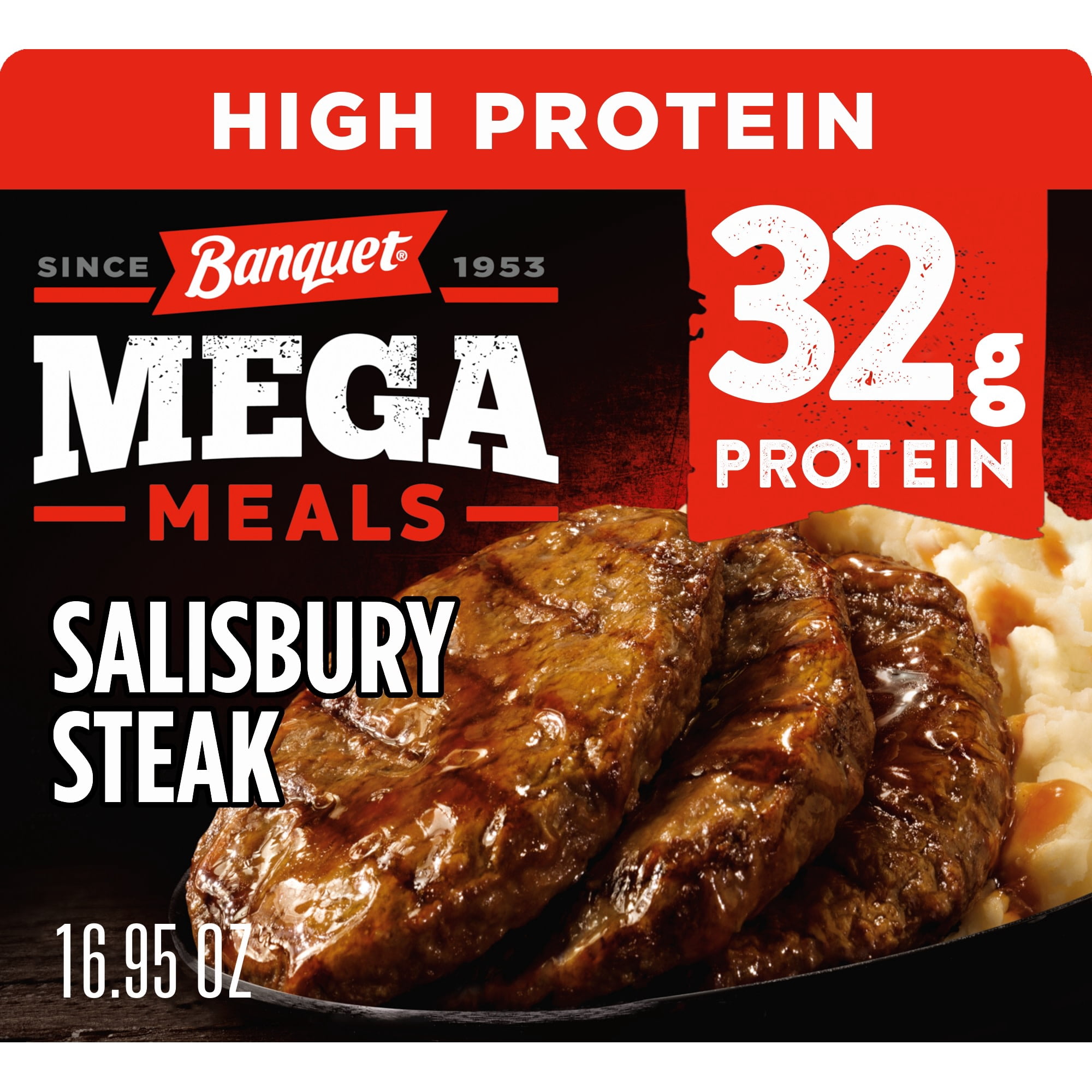 Banquet Mega Meals Salisbury Steak with Mashed Potatoes, 32g Protein, Frozen Meal, 16.95 oz.