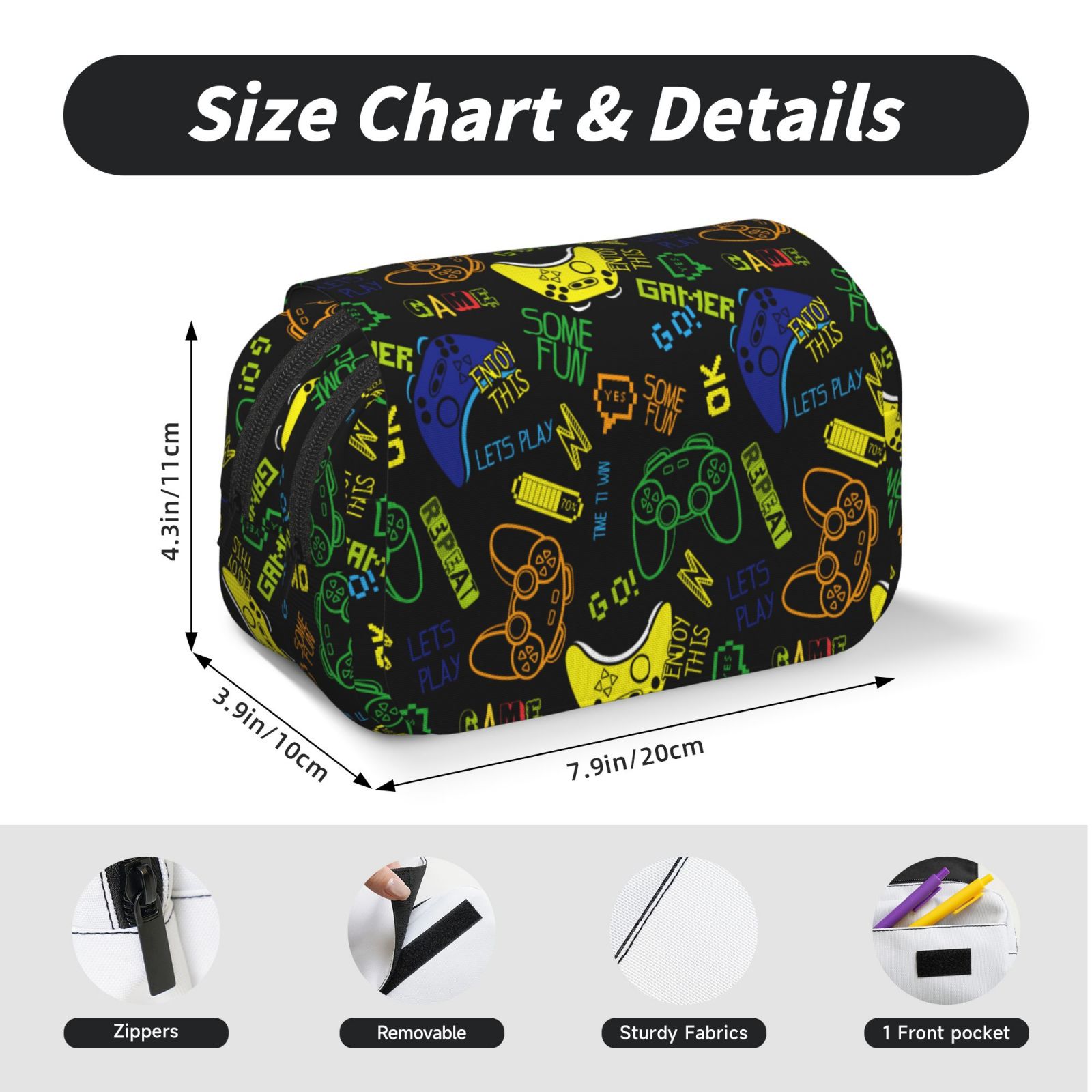 Rateoe Game Play Pattern Double Clamshell Pen Case, Storage Organizer with Two Zipper Compartments– Holds Up to 50 Pencils & Pens