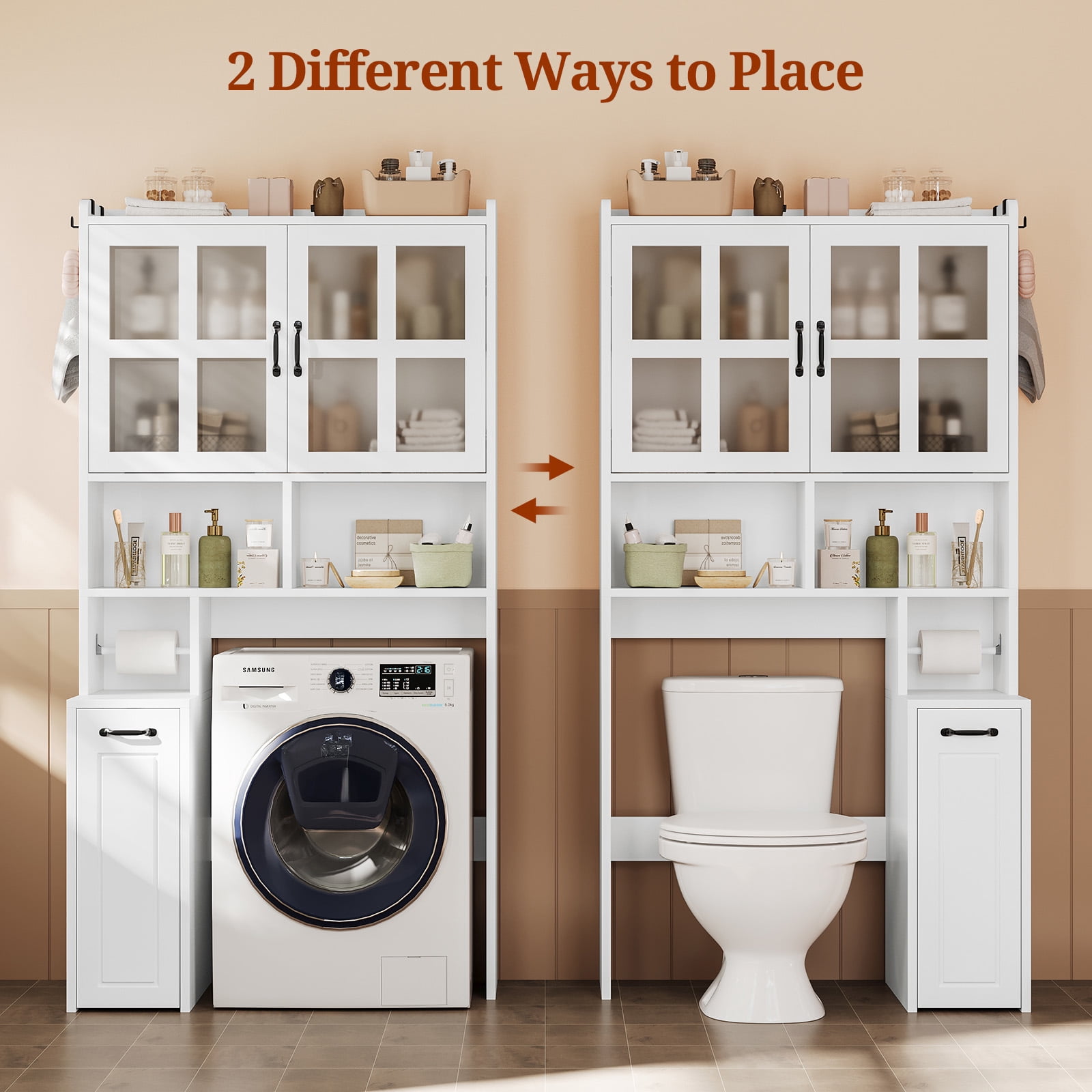 Over The Toilet Storage Cabinet with Frosted Door, Bathroom Storage Cabinet W/Adjustable Shelf for Bathroom, Restroom, Laundry, White