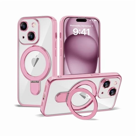 Eryueer Compatible with iPhone 15 Plus Case with Invisible Magnetic Ring Stand [Compatible with Mag-Safe] [Full Camera Lens Protector] Plating Clear Phone Case for iPhone 15 Plus 6.7", Pink