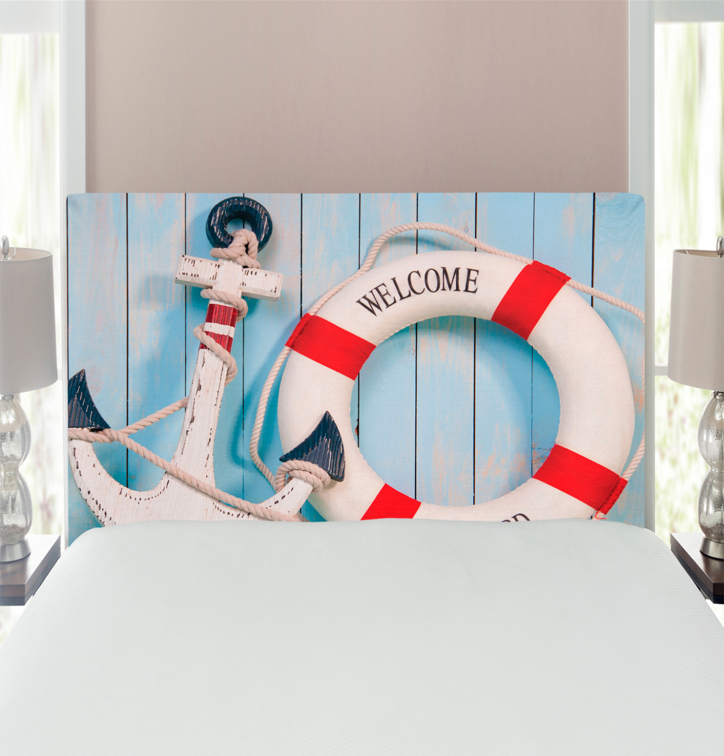 Coastal Headboard, Anchor Striped Siding Vertical on Shabby Boards