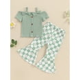 thumbnail image 2 of Suealasg Toddler Girls Clothes 1T 2T 3T 4T 5T Kids Little Girl Summer 2Pcs Outfit Short Sleeve Cold Shoulder Tops Checkerboard Daisy Print Flare Pants, 2 of 7