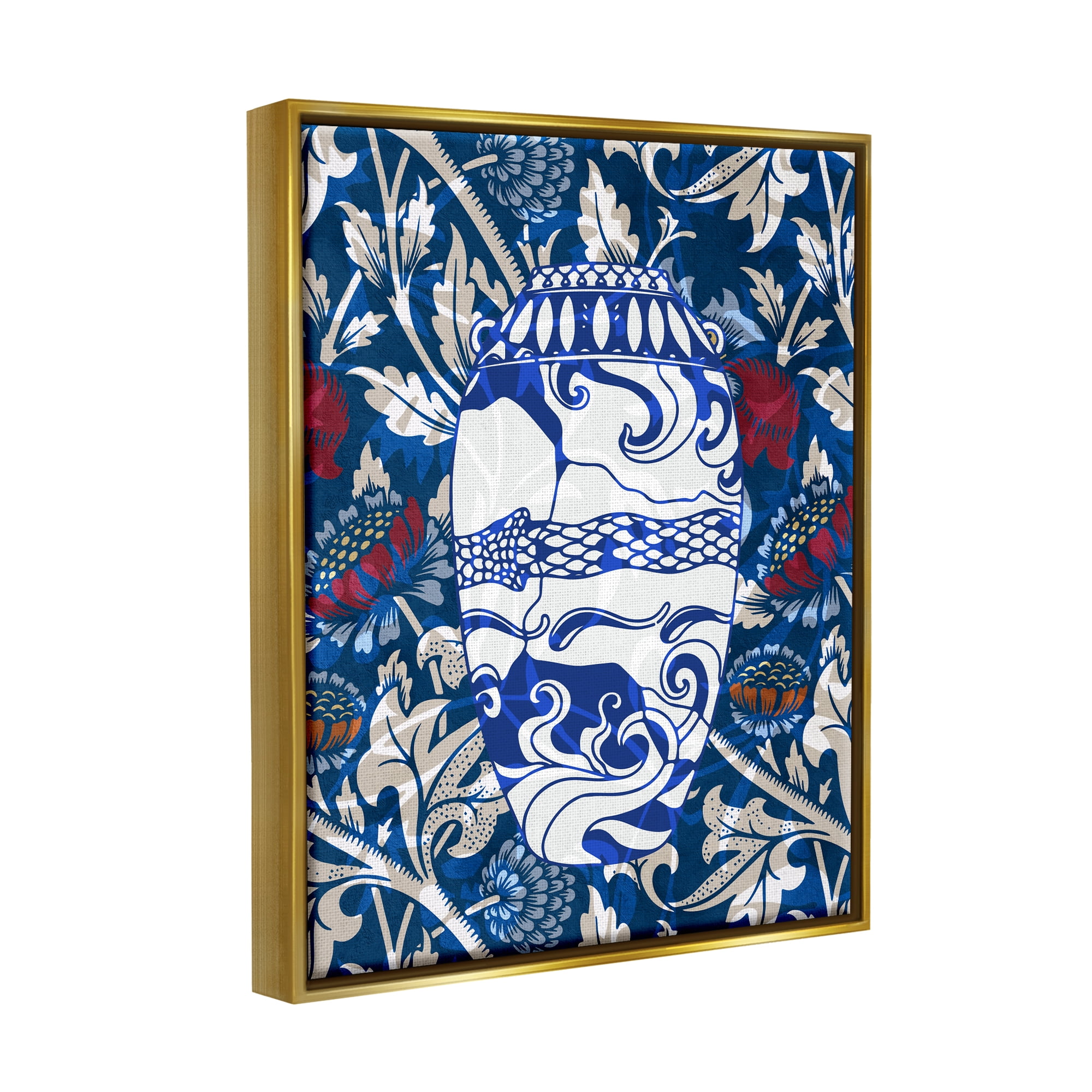 Stupell Industries Baroque Floral Pattern Vase Botanical & Floral Painting Gold Floater Framed Art Print Wall Art