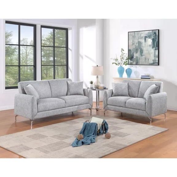 Elegant Stylish Sofa Loveseat Pillows 2pc Set Living Room Furniture Light Gray Burlap Like Fabric