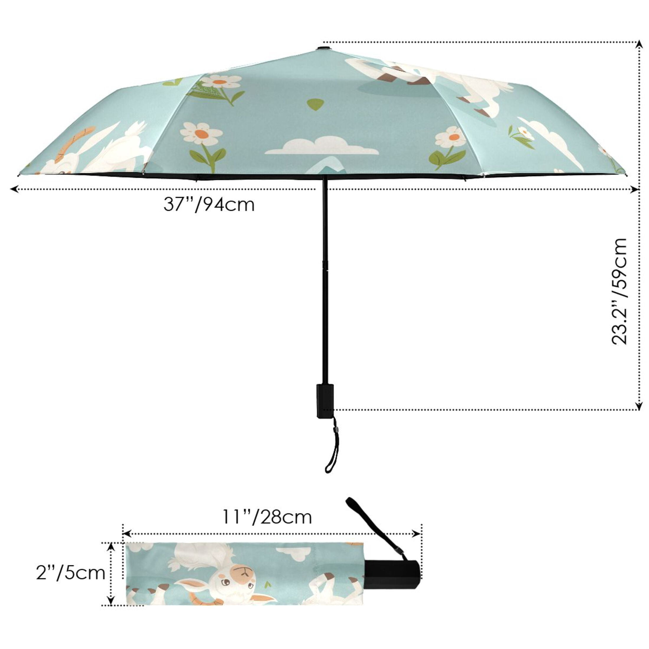 Cartoon Goats Mountains Clouds Flowers All Weather Umbrella Triple Folding Parasol 6 Ribs UV Protection Portable