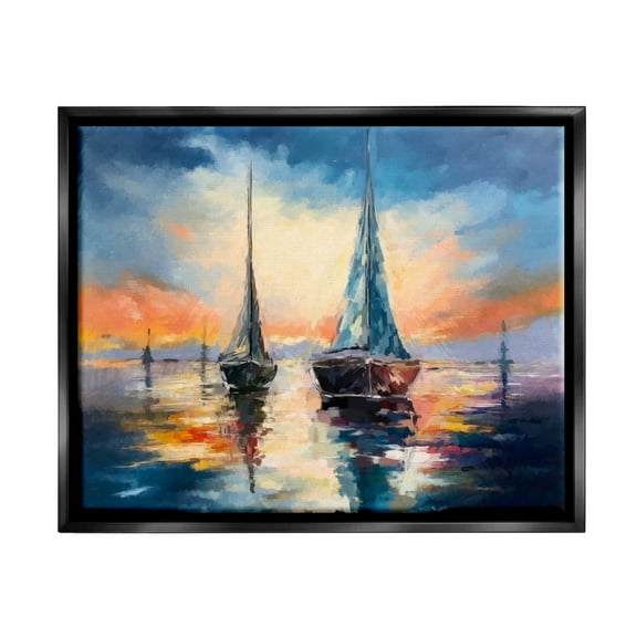 Stupell Industries Sailboats and Ocean Sunset Transportation Painting Black Floater Framed Art Print Wall Art, 21 x 17