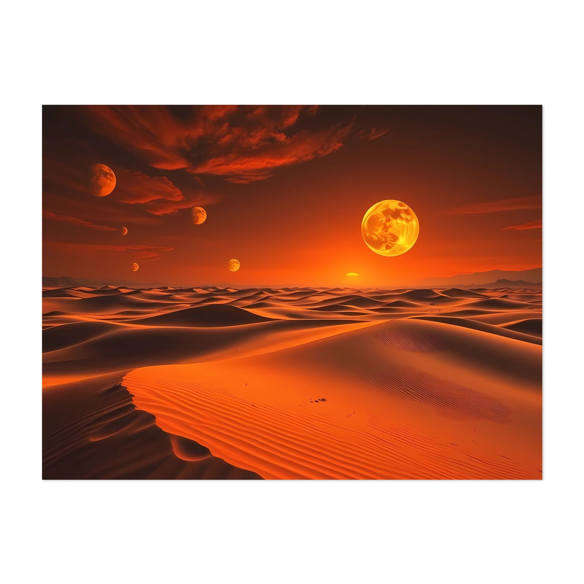 Crimson Skies Over Shifting Sands - Digital Art Desert Surrealism Moon Fantasy Sci-Fi Cosmic Mystical Unframed Wall Art Print 5 x 7 inches