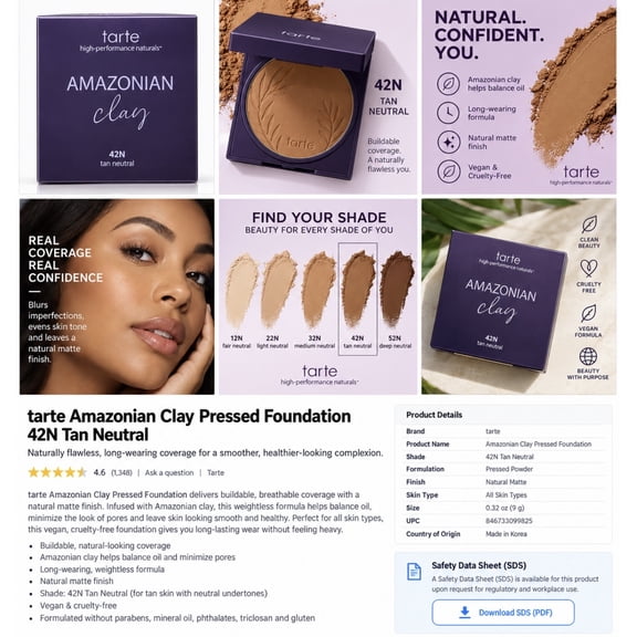 tarte Amazonian Clay 16-Hour Full Coverage Foundation, 42N Tan Neutral, Soft Matte, 0.5 fl oz / 15 mL