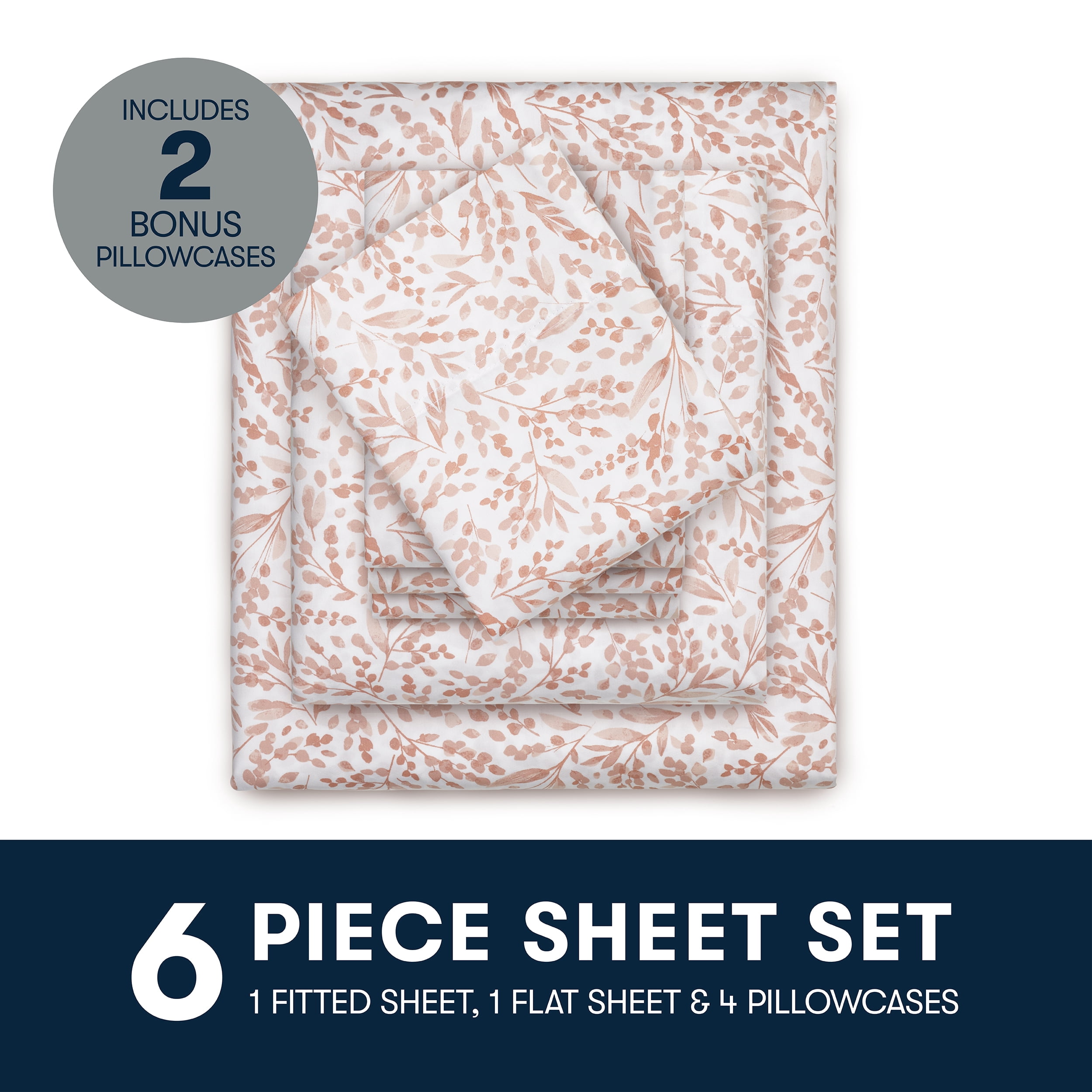 Serta 6-Piece 800 Thread Count Pink Botanical Print Cotton Rich Adult Bed Sheet Set, Queen - Deep Pocket
