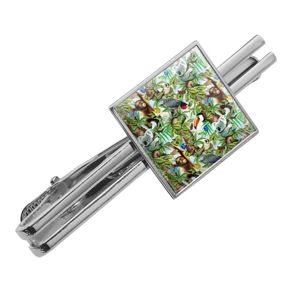 Animal Tree of Life Monkey Koala Toucan Pattern Square Tie Bar Clip Clasp Tack- Silver or Gold