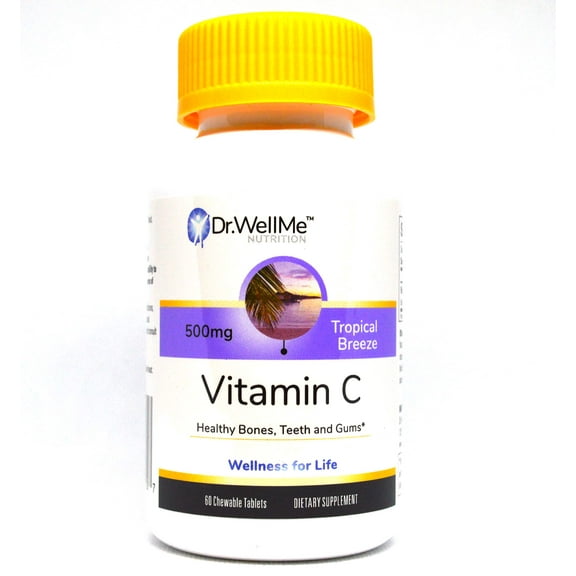 DR WELLME NUTRITION 500mg Easy Chewable Vitamin C Tablets for Kids & Adults Provides Immune and Bone Support | Made in The USA by Doctors of Pharmacy | Tropical Breeze Flavor 60 Count