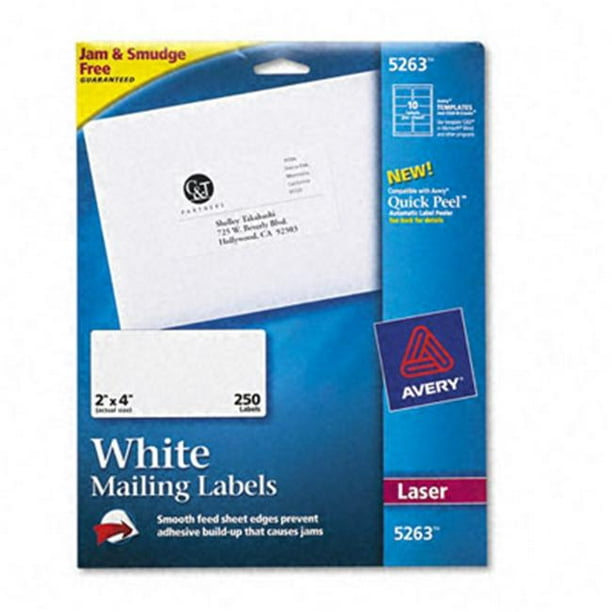 Avery 5263 Étiquettes d'Adresse Laser avec des Feuilles d'Alimentation Lisses 2 x 4 Blanc 250 Pack