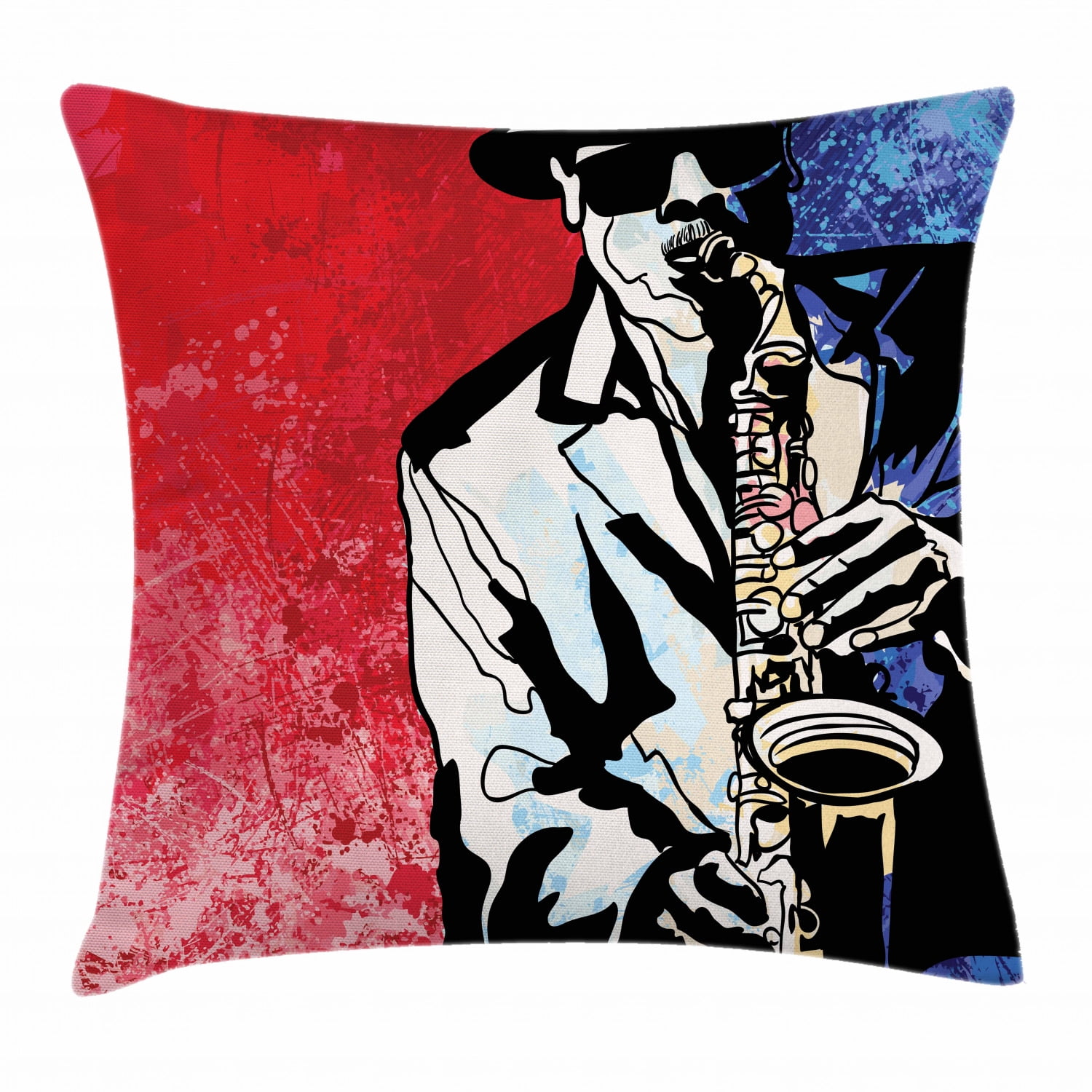 Jazz Throw Pillow Cushion Cover, Artistic Musician Playing Saxophone Instrument Concert