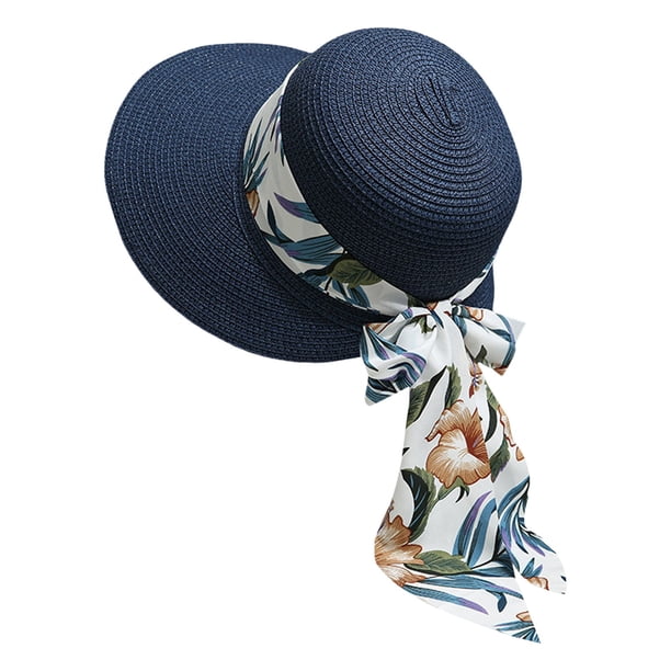 Sombrero de paja plegable de ala ancha para mujer - UPF 50+, adorno de lazo, playa y viajes