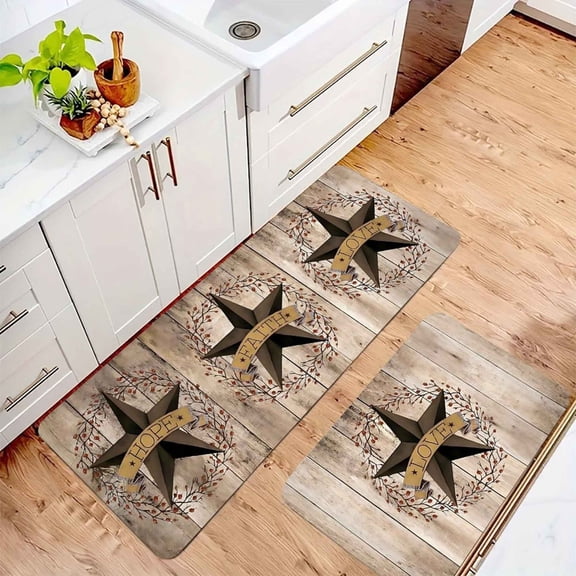 AIOE Western Rustic Kitchen Rugs Mat Set of 2 Cushioned Anti Fatigue Kitchen Mats for Floor Farmhouse Country Kitchen Floor Mat Texas Star Non Slip Waterproof Comfort Standing Mats 17"x47" 17"x29.5"