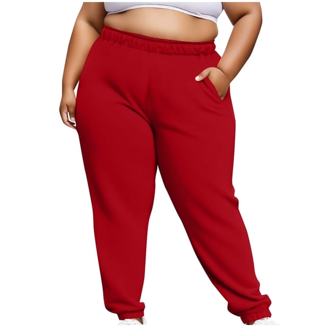 Pants for Women Plus Size Elastic Waist Casual Sweat Side Pockets Solid