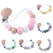 Cheers.US Pacifier Clips Baby Silicone Wood Beads Pacifier Holder Crochet Beads Pacifier Accessories Baby Toys for Babies