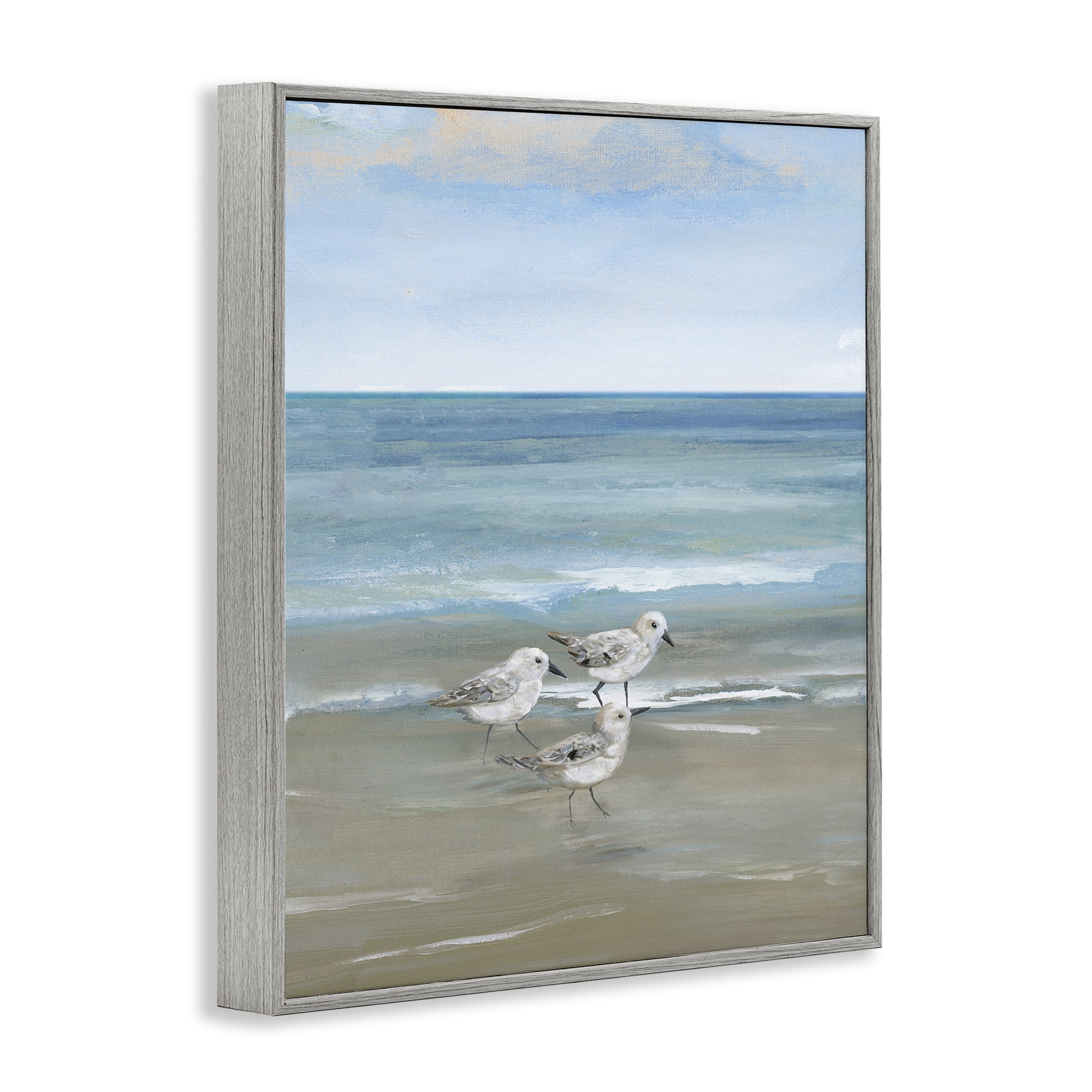 Stupell Industries Three Shorebirds & Gentle Waves Gray Framed Giclee Art, design by Nan