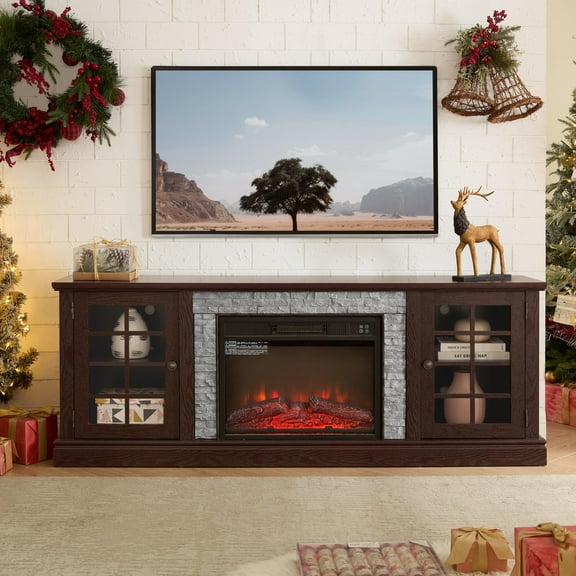 70" W Fireplace TV Stand with Realistic Stacked Stone, Modern Electric Fireplace with Mantel, 3D Flame Effect, Entertainment Center for TVs Up to 75", TV Console Table for Living Room