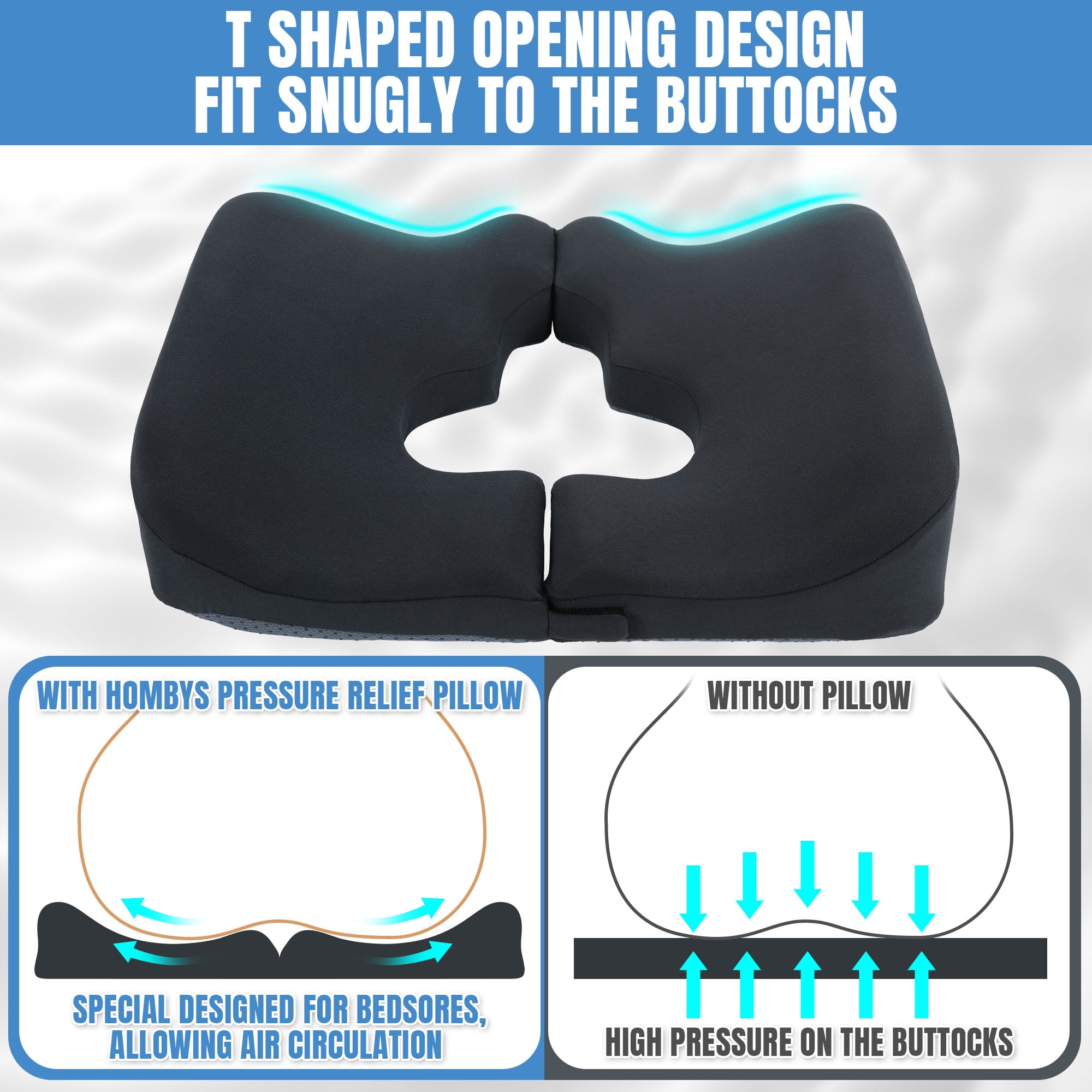 HOMBYS Memory Foam Bed Sore Cushions for Butt, Bedsore Pressure Relief Pillow for Sleeping and Sitting,Cushion for Bed Sores on Buttocks, T Shaped Opening Tailbone Pillow (Dark Grey)